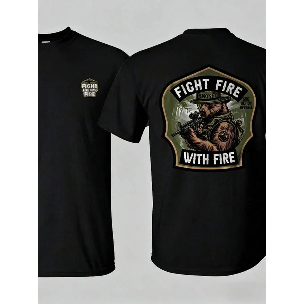 180gFire-Themed T-Shirt With Side Design, Patriotic Military Graphic, Perfect Gift For Veterans And Soldiers, Unisex Cotton Short-Sleeved Shirt, Suitable For Everyday Wear, Outdoor Activities, And Casual Street Style.