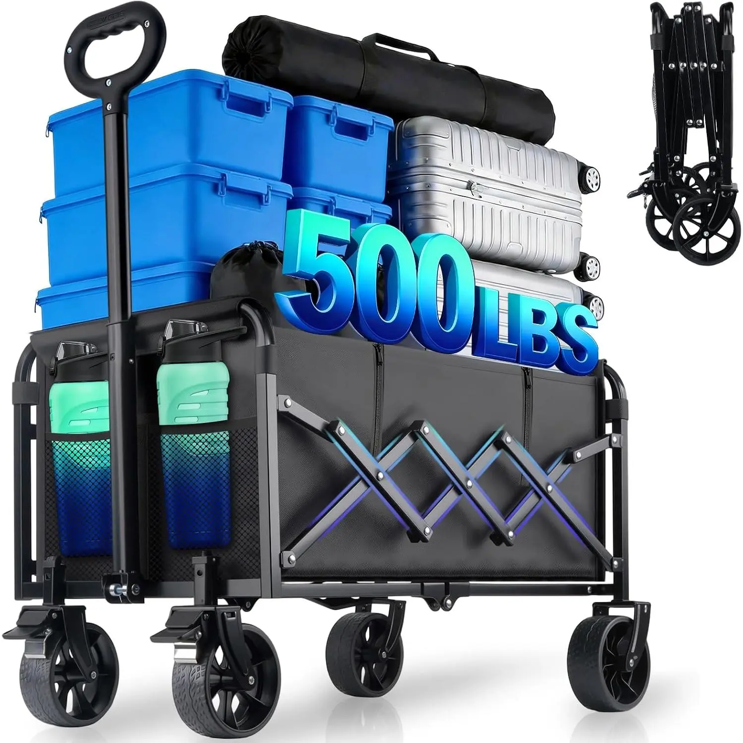500LBS Collapsible Wagon Cart Foldable - 230L Large Heavy Duty Utility Cart with 360?Swivel  Wheels, Lightweight Collapsible Wagon for Groceries Camping & Beach