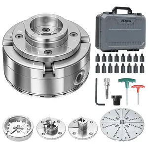 VEVOR 4 Inch Wood Lathe Chuck, 4-Jaw, Bevel-Gear Self-Centering Wood Turning Chuck Set with 1" x 8TPI Thread & Adapter, 5 PCS Jaws Round/Flat/Step/Pin, Carry Case, Nickel-Plated, for Woodworking Lath