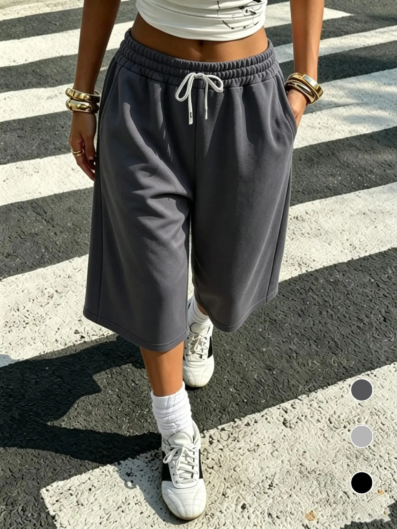 Women's Dark Gray Loose 7/8 Length Athletic Shorts | Drawstring Elastic Waist Wide Leg | Casual Streetwear Summer Athleisure Bottoms