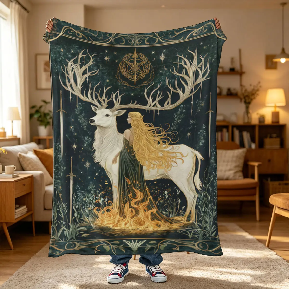 One PC Short Plush Flannel Blanket,Elf and White Deer Pattern,Light flannel blanket, soft snug, no heavy feel. Car travel bedroom throw, birthday gift, versatile pet cushion blanket