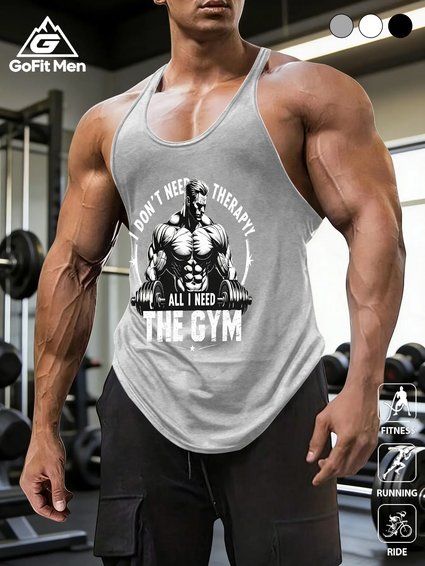 Gofit Men's Sporty Vest, I Don't Need Therapy Print, Breathable Fitted Tank Top, Moisture-Wicking Fabric, Ideal for Gym, Running, Cycling