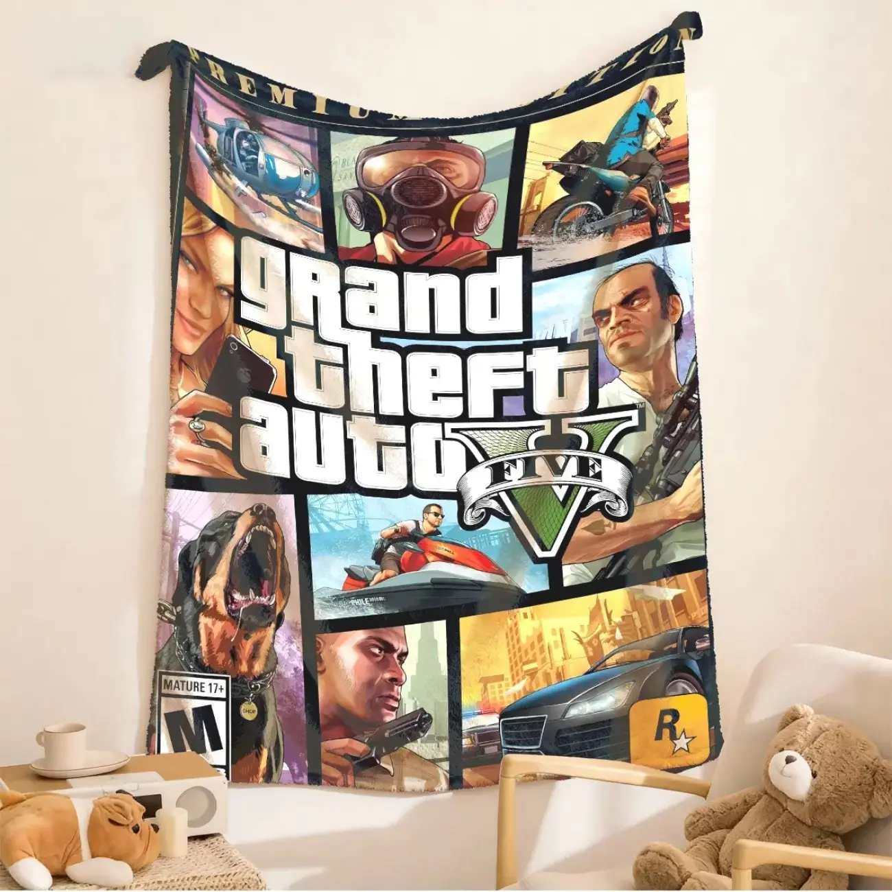 GTA5 Game Patchwork Flannel Blanket, Gaming Graphic Throw, Super Soft Cozy Throw, Adult Flannel Blanket, Kids Flannel Blanket, Plush Sofa Bed Travel Gamer Gift