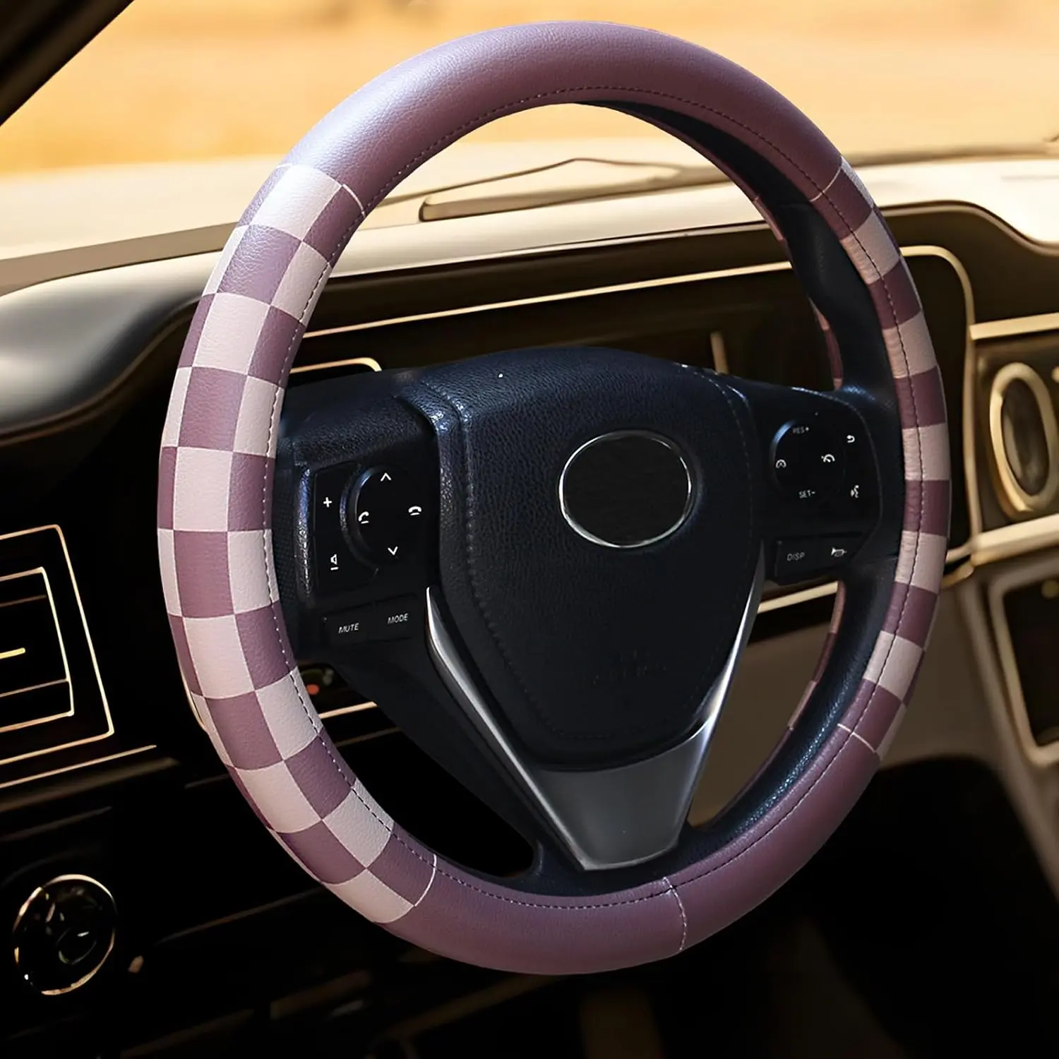 Women Checkered Steering Wheel Cover,Breathable Non-Slip PU Leather  15 Inch Steering Wheel Protector,Fashion Checkerboard  Interior  Accessories SUV  Men