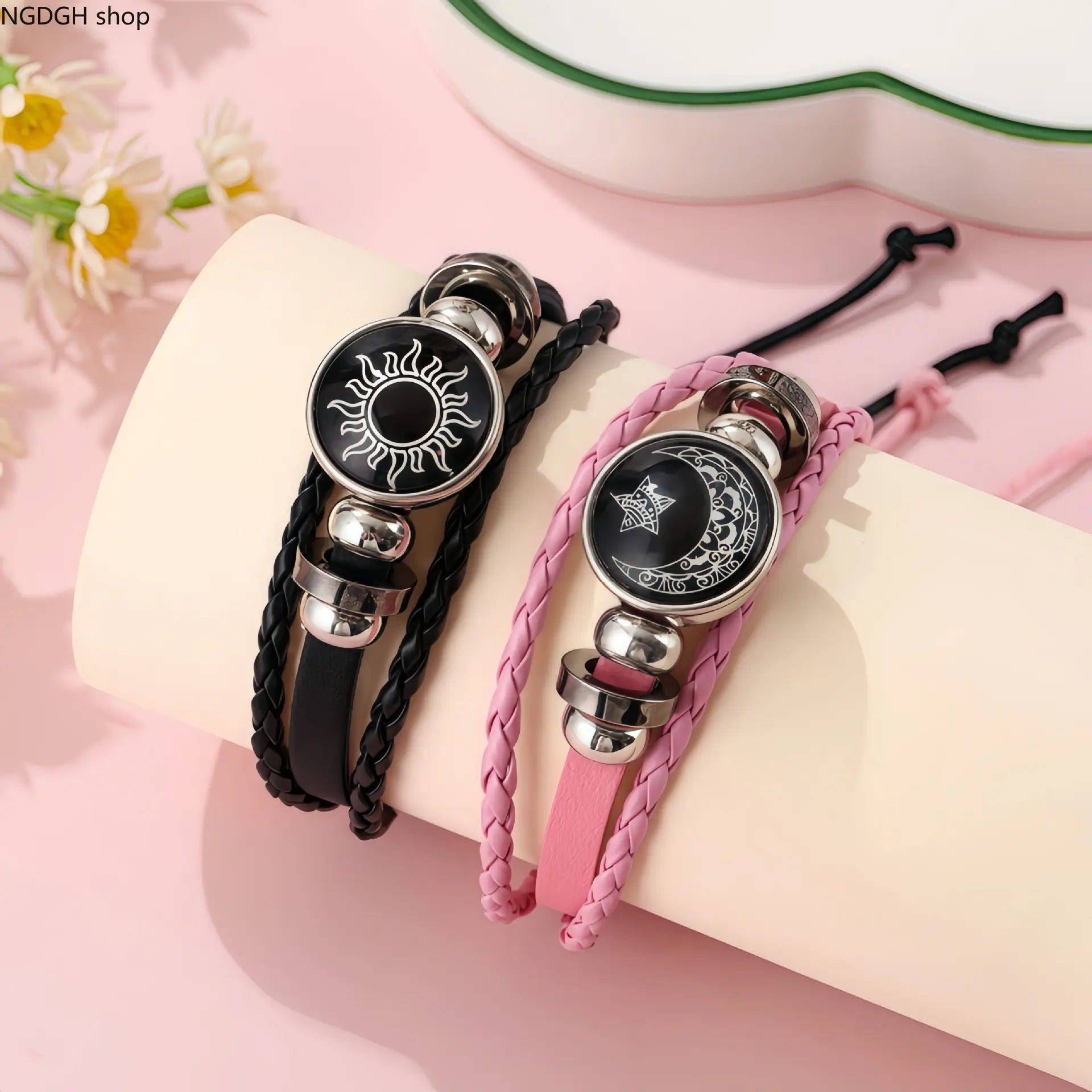 Matching Sun and Moon Braided Bracelet Set, Adjustable Couple Woven Wristband with Silver Charms, Black Pink PU Leather Cuff Jewelry, Romantic Celestial Friendship Gift, Perfect for Him and Her, Anniversary & Daily Wear.