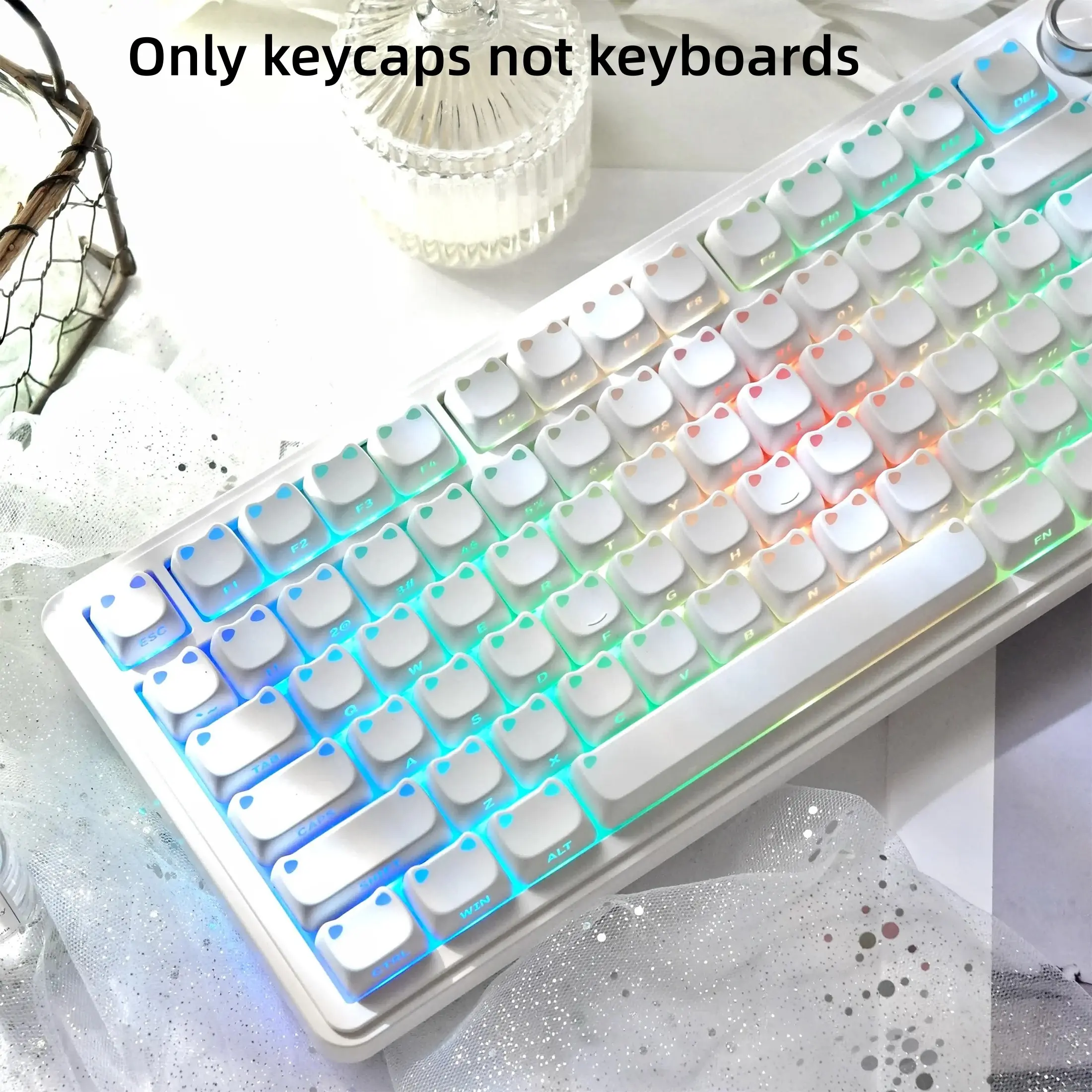 Cute Cat Keycap Set, Shine Through Pbt Keycaps, Minimalist Side Print, 113 Keys Custom Mao Profile, for Cherry Mx Keyboards, Gaming Keyboard Accessories