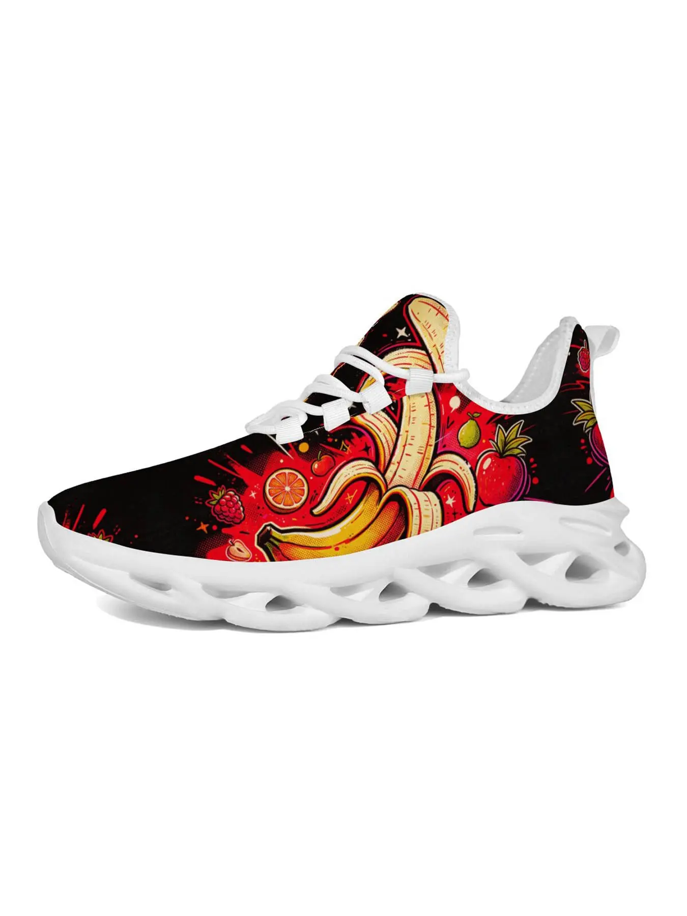 Women's Trendy Fruit Print Casual Sneakers, Streetwear Graffiti Style, Banana Watermelon Print, Block, Summer Essential