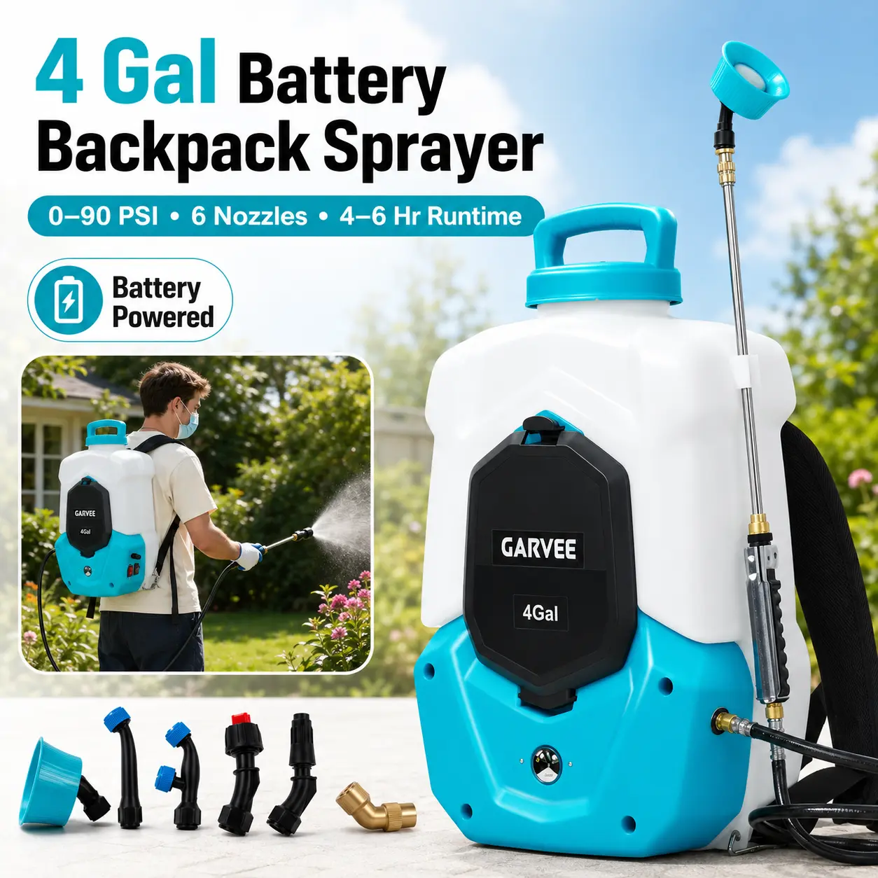 4 Gallon Battery Powered Backpack Sprayer, 12V 8Ah Rechargeable Electric Sprayer, 0-90 PSI Adjustable Pressure, 6 Nozzles & 2 Wands for Lawn, Garden & Cleaning