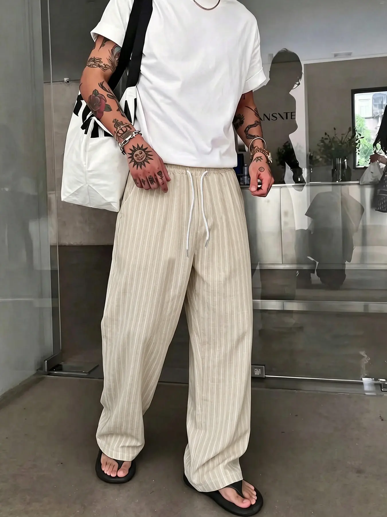 Men's Vertical Striped Pants Wide Leg Loose Fit Casual Trousers, Casual Fit Bottoms, Drawstring Elastic Waist Summer Beach Resort Trousers Lightweight Breathable Comfy Pants