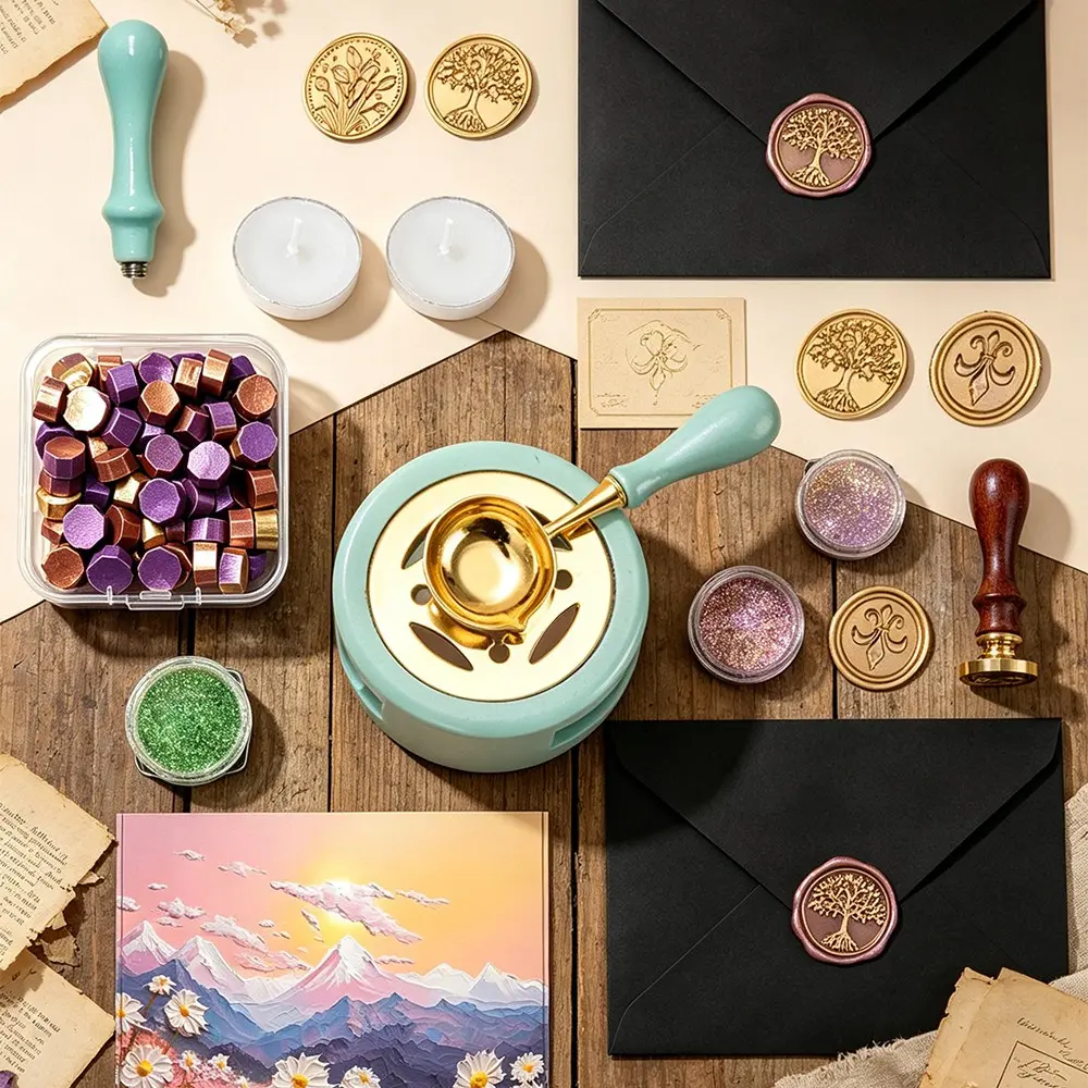Mint Wax Seal Stamp Set, Life Tree Floral Relief Copper Stamps, Vintage Metal Mixed Wax Beads, Sparkle Tea Wax Envelope Journal DIY Kit