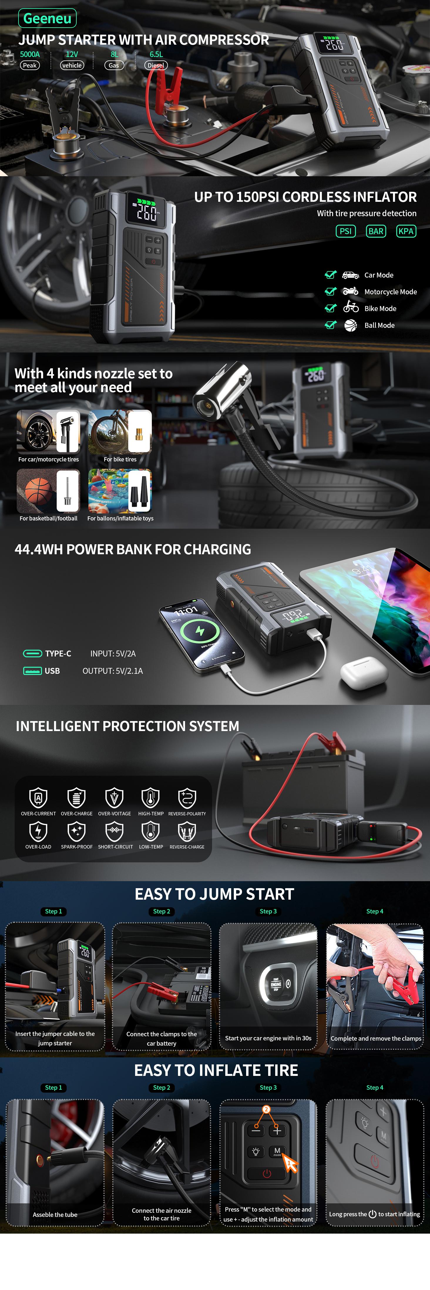 Portable Car Jump Starter With Air Compressor 5000A Peak (8.0L Gas, 6.5L Diesel) With 150 PSI Tire Inflator,15000mAh 12V Car Battery Jump Power With LED Light W100 portable jumpstarter batterycharger