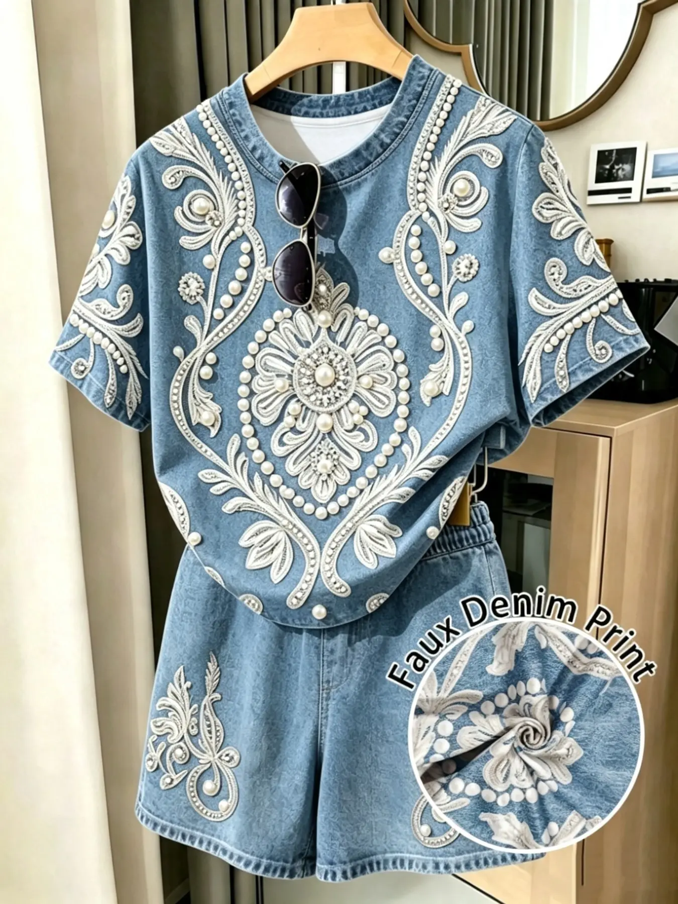 Women's Two-Piece Set, Faux Denim Short Sleeve Top and Shorts, Pearl Floral Print, Casual Loose-Fit, All Seasons Wear