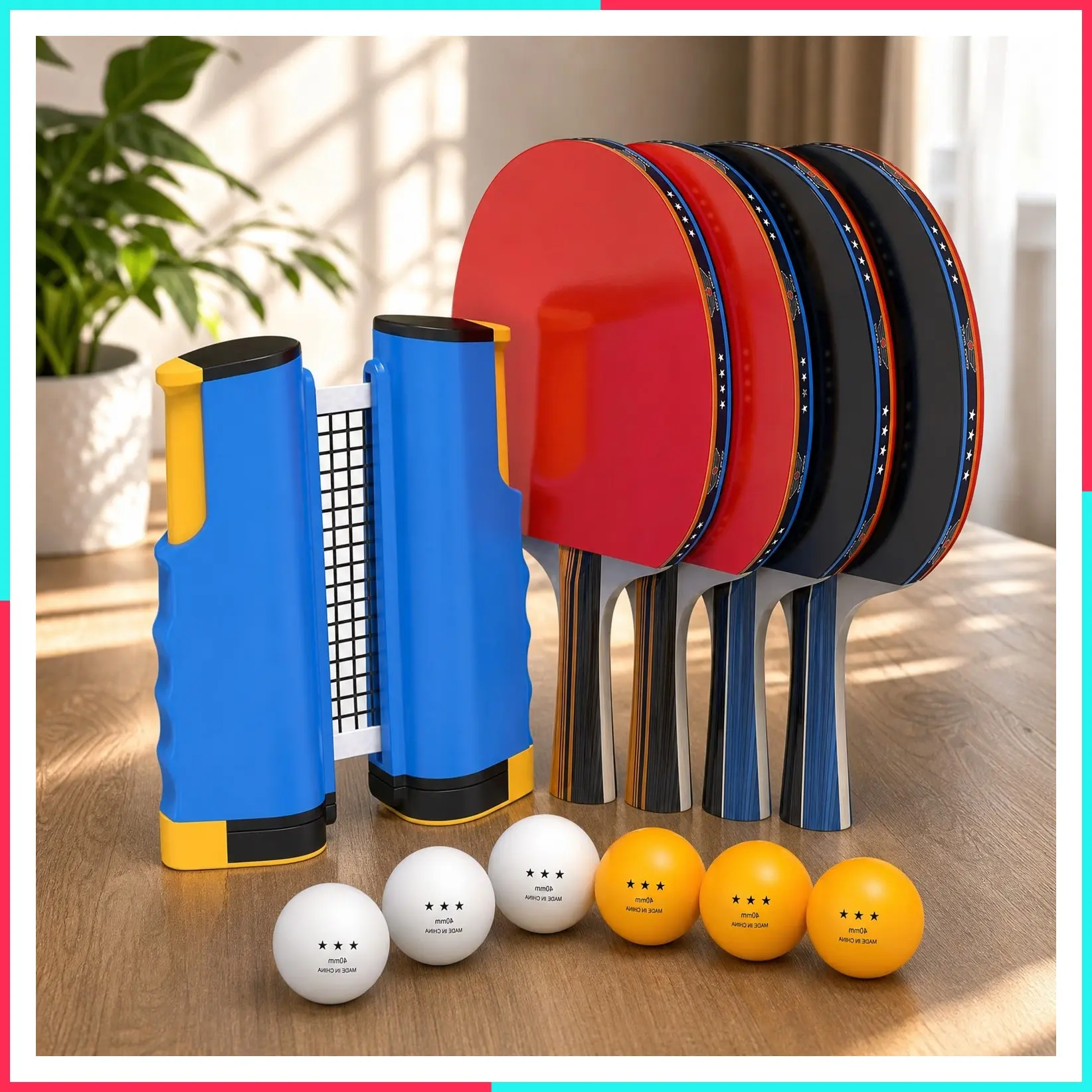 Table Tennis Paddle Set with Rackets, Net, Balls & Carry Case