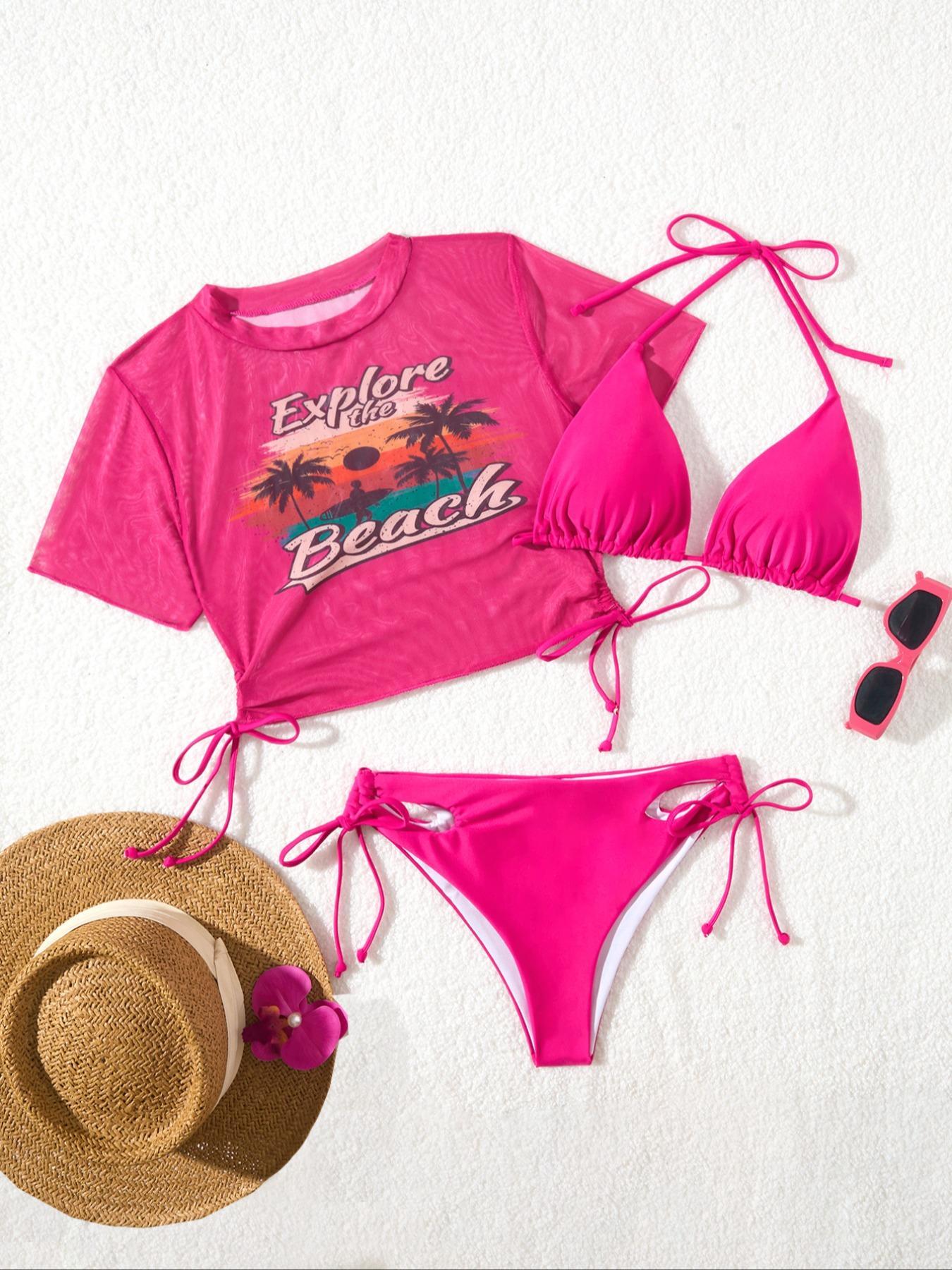 Women's Letter & Palm Tree Print Bikini Set, Halter Bikini Sets, Sexy Halter Neck Triangle Swim Bra & Tie Side Swim Panty & Sheer Cover Up Top Set, Ladies Swimsuit for Beach Holiday Vacation, Tropical Print Bikinis