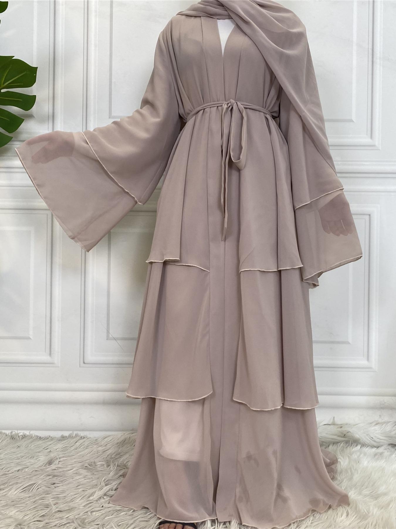 Spring Summer High-Quality Chiffon 3-Layer Eid Abaya with Belt, Casual Party Dress, Comfortable Breathable Fabric, Perfect for Weddings