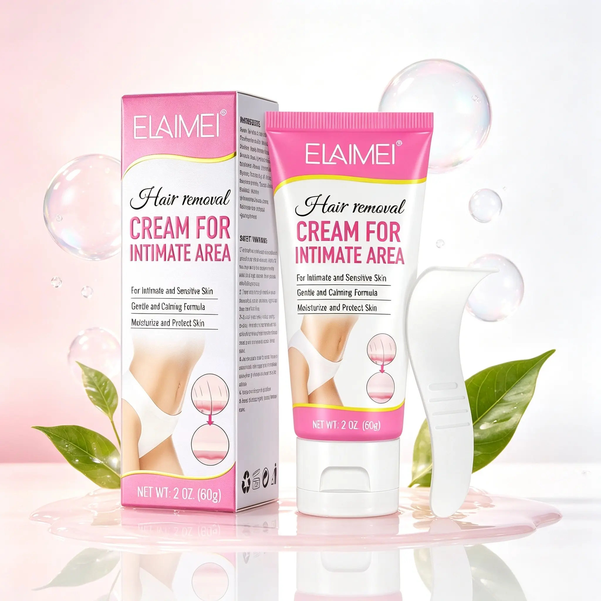 Elaimei Private Area Hair Removal Cream 60g, Gentle Soothing Formula, Moisturizing and Protecting Skin, Suitable for All Skin Types, Sensitive Skin Friendly