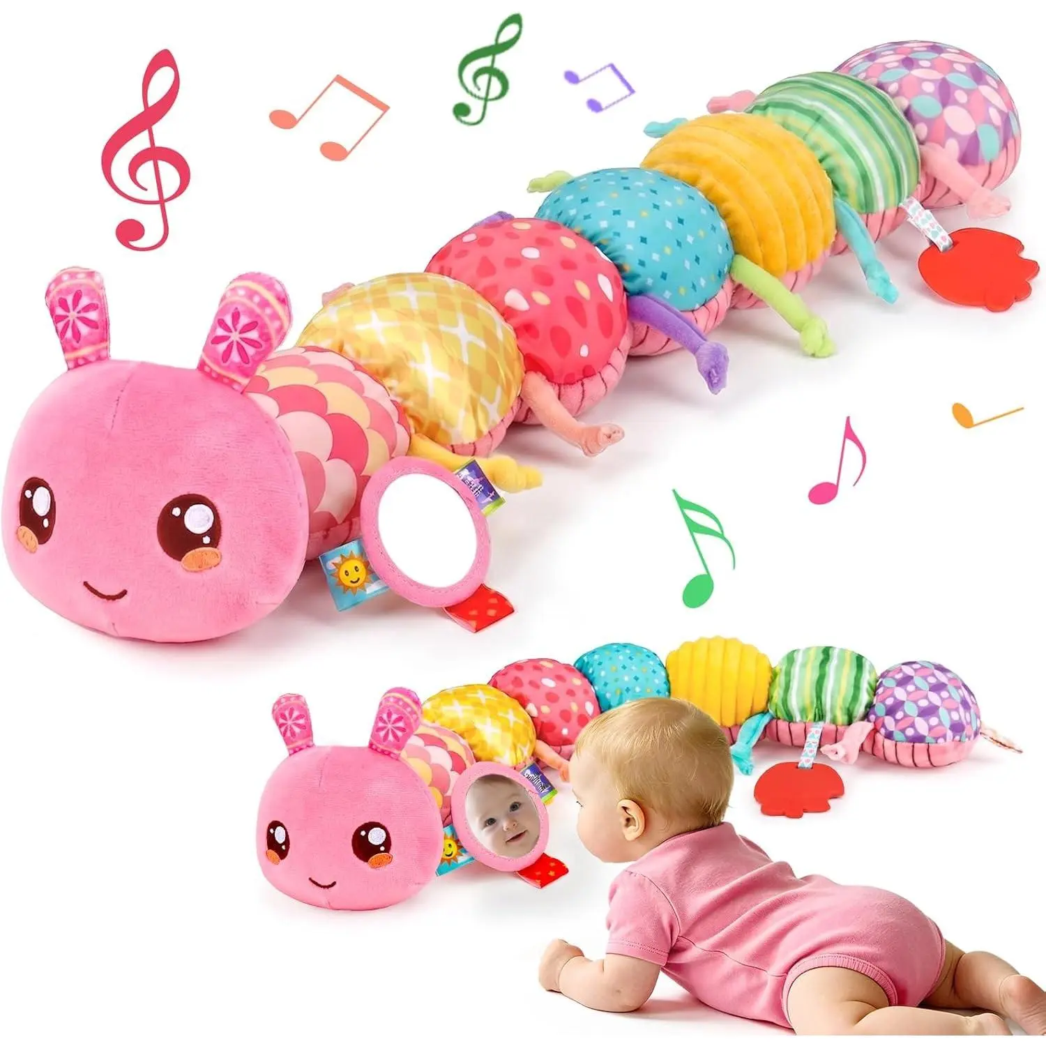 Musical Stuffed Caterpillar Pink Baby Girl Toys 0-6 Months Sensory Tummy Time Toy with Mirror Crinkle Rattle for Newborn Infants 0-3 3-6 6-12 Months Baby Shower Gift(Gift)
