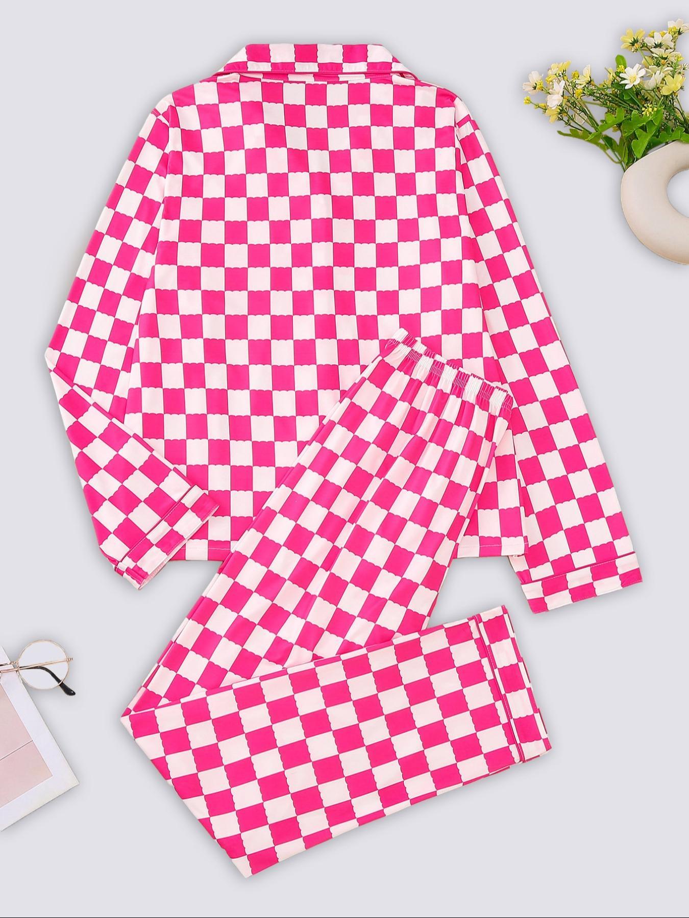Women's Plaid Print Lapel Neck Button Front Top & Pants Pajama Two-piece Set, Elegant Comfy Long Sleeve Top & Pants Pj Set, Ladies Sleepwear for Spring & Fall, Casual Sleepwear Set