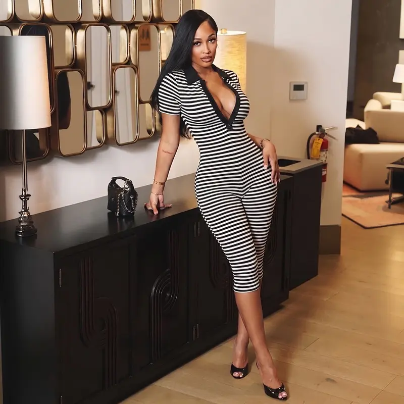 Women Striped Polo Bodycon V‑Neck Midi Jumpsuit, Short Sleeve Zip Collar Fitted Calf‑Length One‑Piece Outfit, Slim Striped Jumpsuit for Nightclub Party Daily Wear