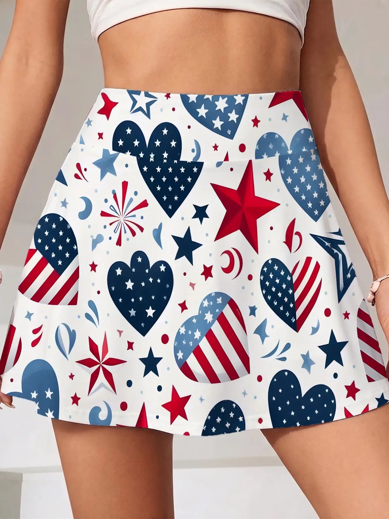 Summer Women's Lightweight Sporty Tennis Skirt and Shorts Set with Pockets, Independence Day Print, Ideal for Running Yoga Fitness, Skirts with Shorts Underneath