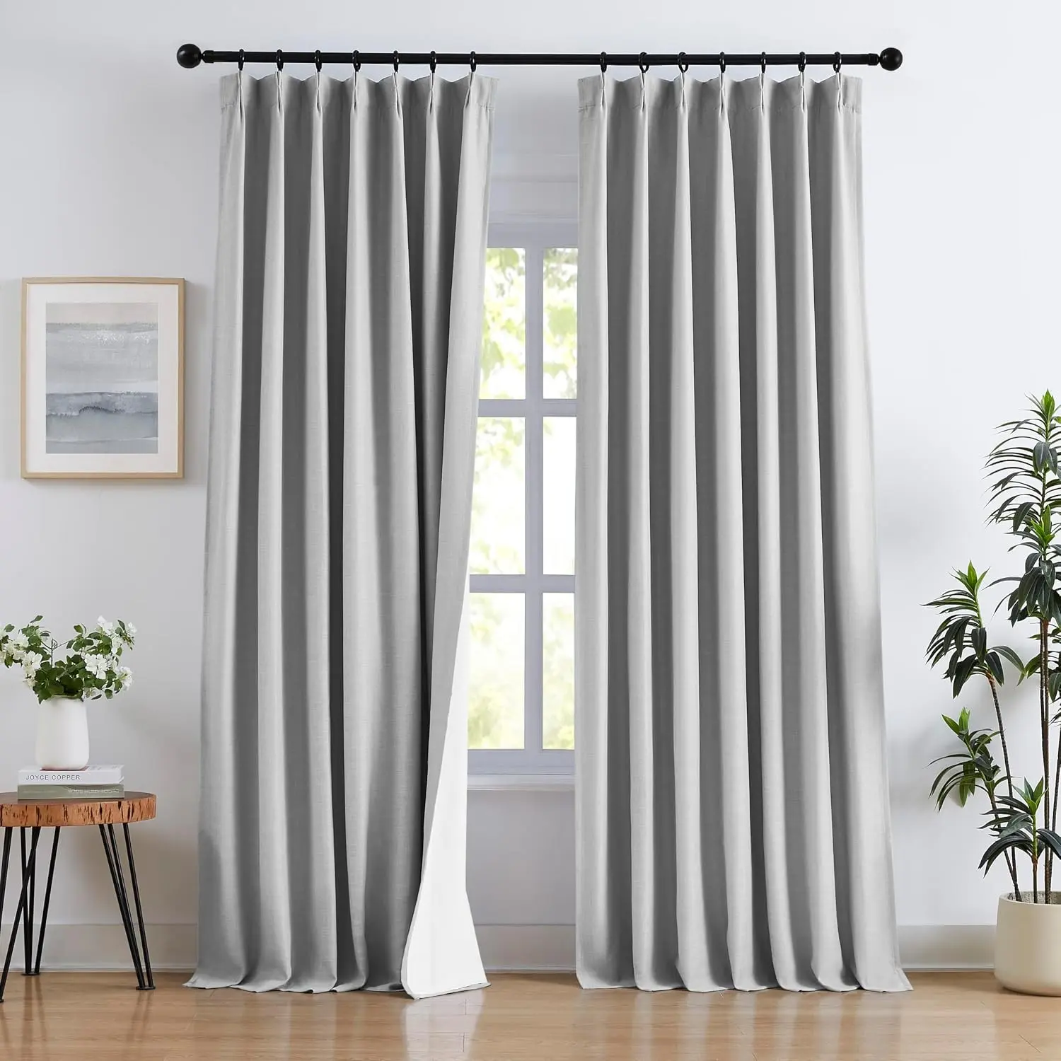 Grey Pinch Pleated Full Blackout Curtains 84 Inches Long Flax Blend 100 Blackout Thermal Insulated Back Tab Window Drapes for Living Room Bedroom 2 Panels 40"W x 84"L