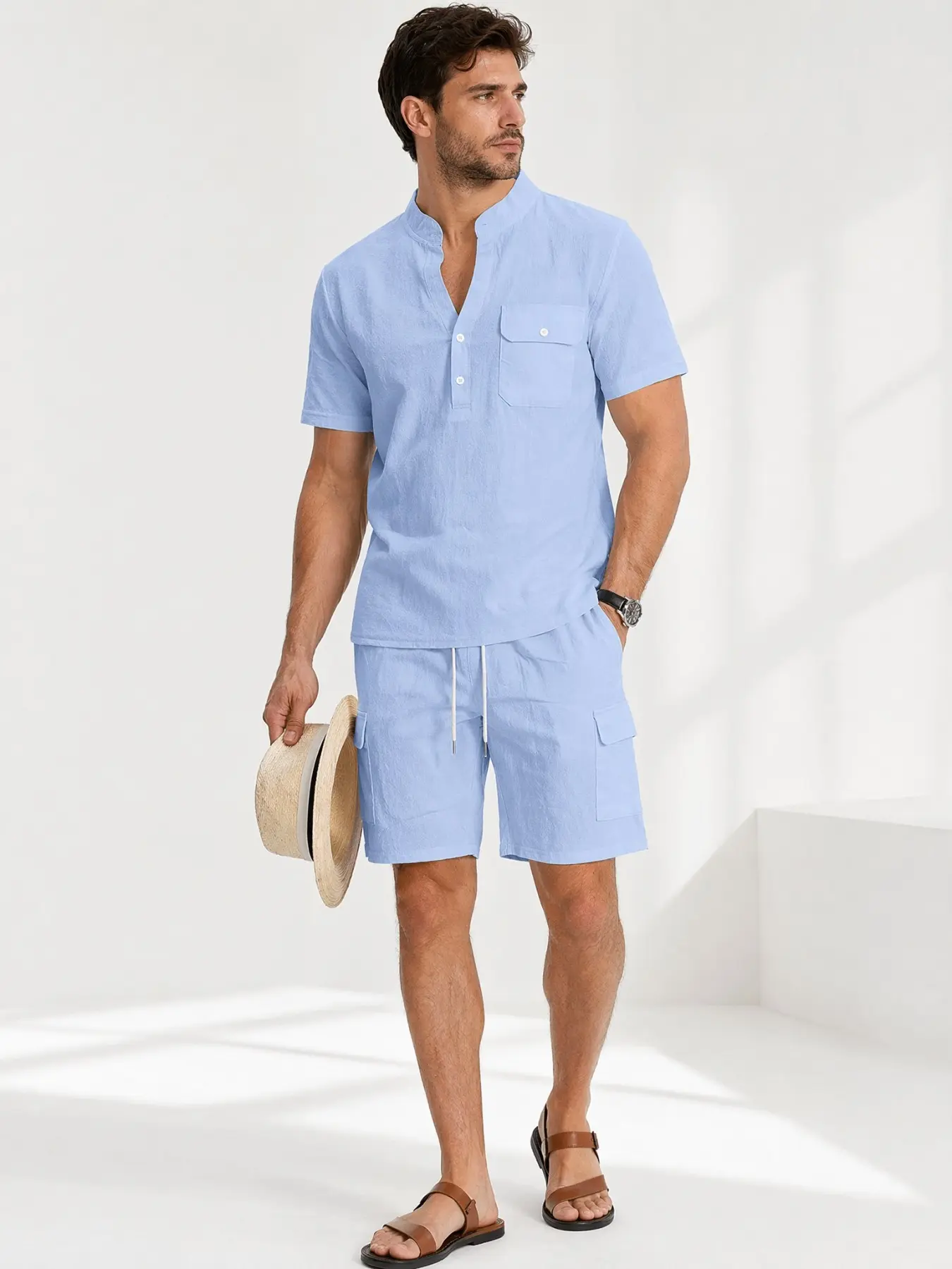 Men's Summer Casual Linen Outdoor Loose-Fit Breathable Workwear Sports Henley Short-Sleeved Top and Shorts Set