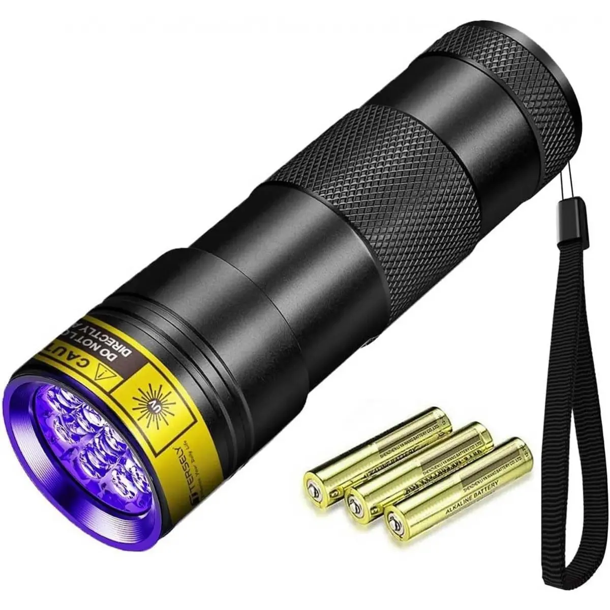 This 12-LED UV flashlight, with a wavelength of 395nm, model D09uv, includes 3 AAA batteries, a hard case, UV stickers, and a user manual, making it an ideal choice for testing and inspection.