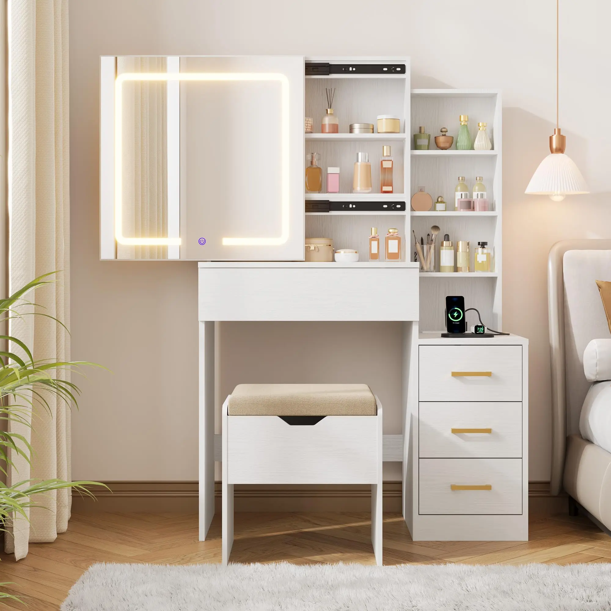 Modern Sliding Mirror Vanity Desk Set with Lighted Mirror, Large 4 Drawers 7 Shelves Dressing Table with Charging Station, Bedroom Beauty Makeup Table Stool Chair Storage Cabinet Furniture