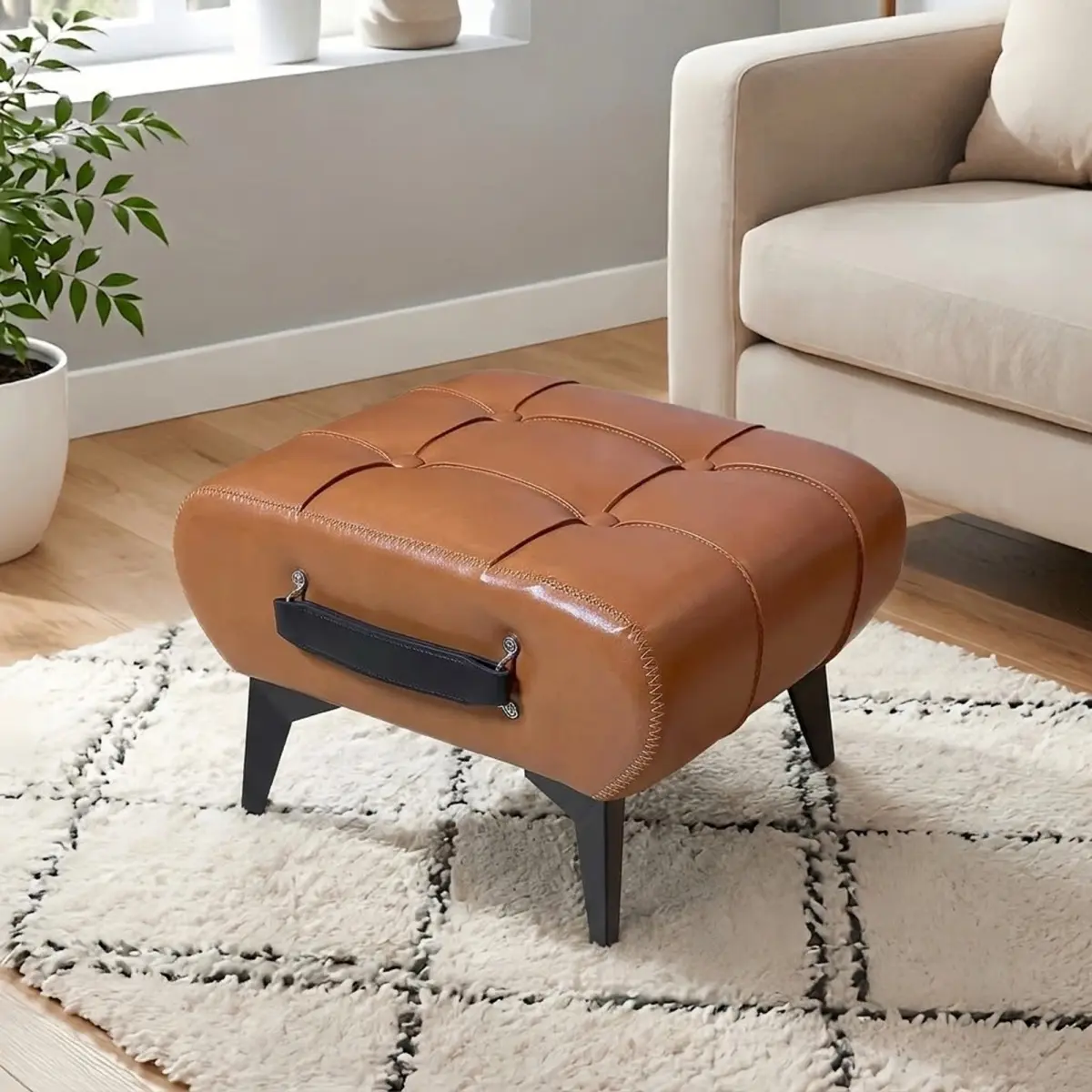    [Bellemave] Modern Leather Stool with Portable Handles and Metal Legs, Square Footstool with Hidden Storage Space, Suitable for Living Room Hallway