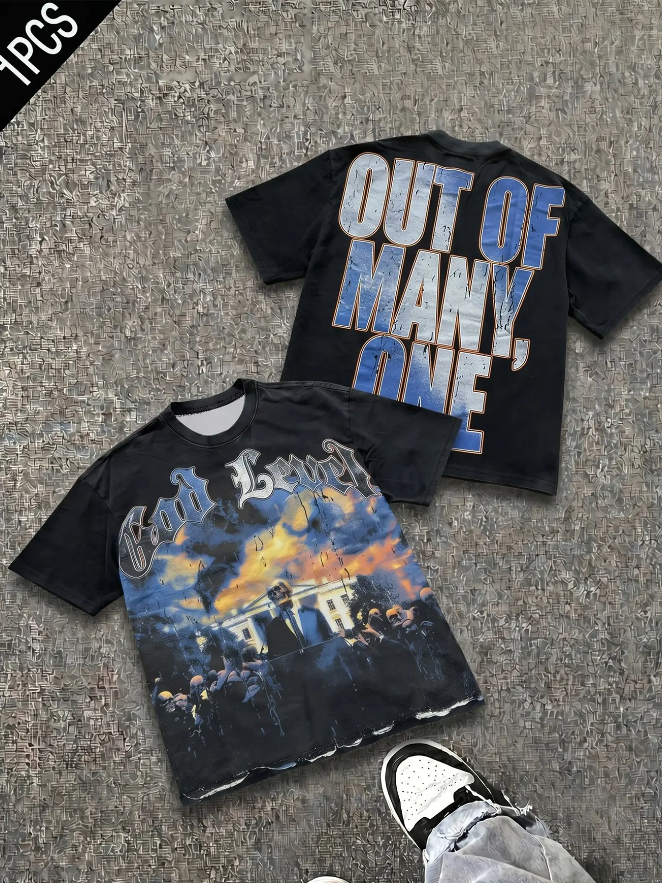 Vintage Graphic T-Shirt, 'god Level' Theme, 'Out of Many, One' Back Print, Loose Fit, American Street Style, Streetwear, Casual Long Sleeve