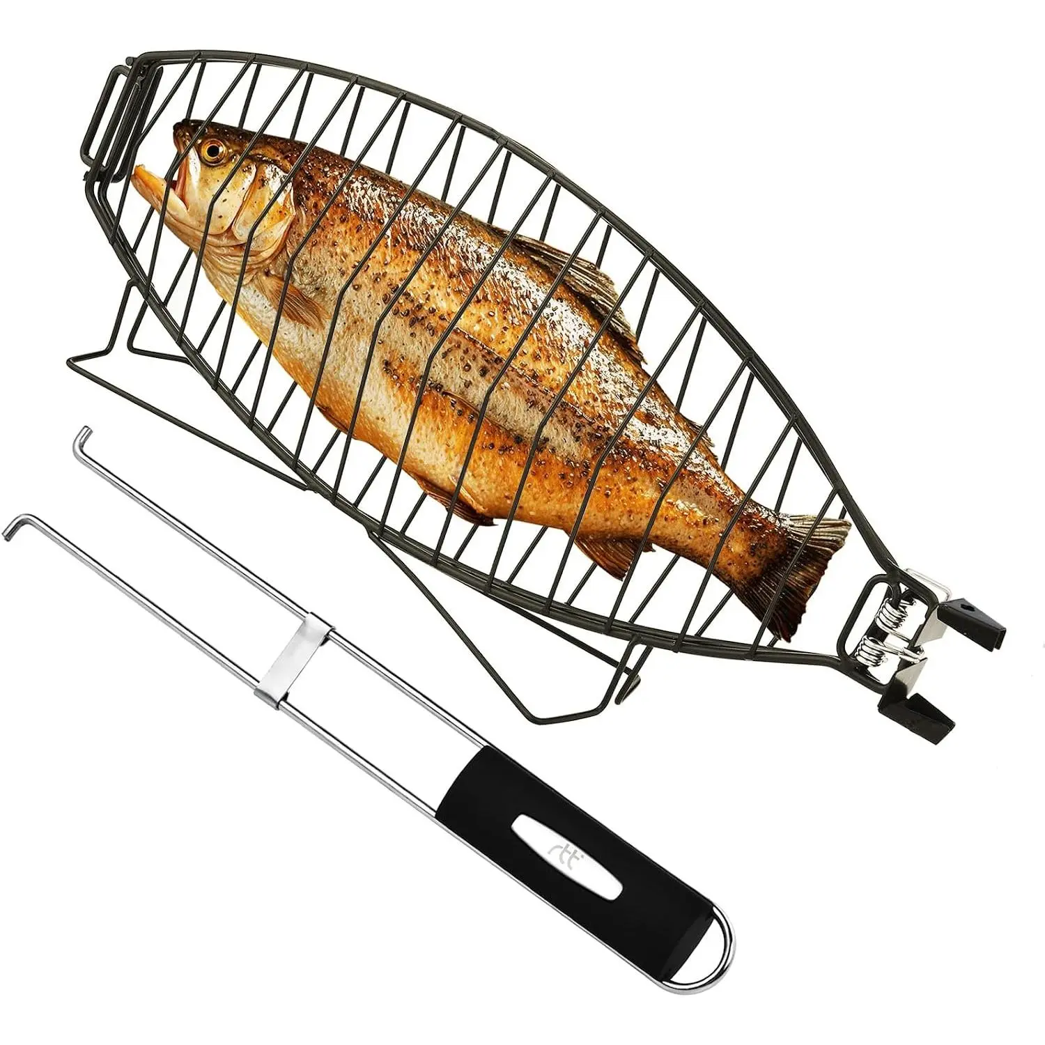 Fish Grilling Basket for Grill - Stainless Steel Basket, Non-Stick Fish Rack for Grilling with Adjustable Lock Removable Handle, Ideal for BBQ, Camping, Charcoal and Gas Grills