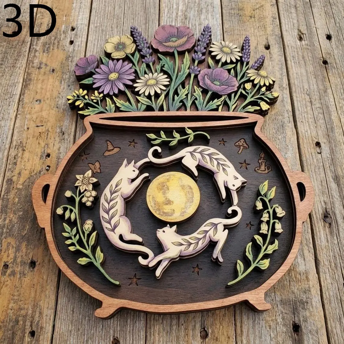 Triple Moon Cat Cauldron Wooden Plaque, Vintage Cottagecore Witchy Wildflower Wall Decor for Witchy Home, Floral Moon Cat Witchcraft Wall Art, Decorative Wall Art, Triple Cats & Moon Witchy Decor, Cottagecore Wooden Wall Art, Decoration Items