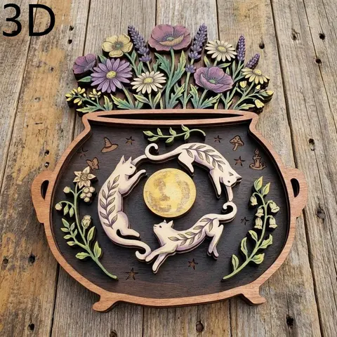 Triple Moon Cat Cauldron Wooden Plaque, Vintage Cottagecore Witchy Wildflower Wall Decor for Witchy Home, Floral Moon Cat Witchcraft Wall Art, Decorative Wall Art, Triple Cats & Moon Witchy Decor, Cottagecore Wooden Wall Art, Decoration Items