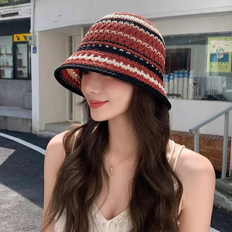 1pc Women's Summer Striped Colorful Openwork Fisherman Hat,Knitted Bowl,Breathable Thin Foldable Sun Bucket Hat for Tralve,party