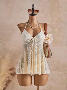 Women's Floral Lace Halter Beach Dress with Bikini Bottoms, Fashion Summer Swimwear, Perfect for Pool Parties and Vacations