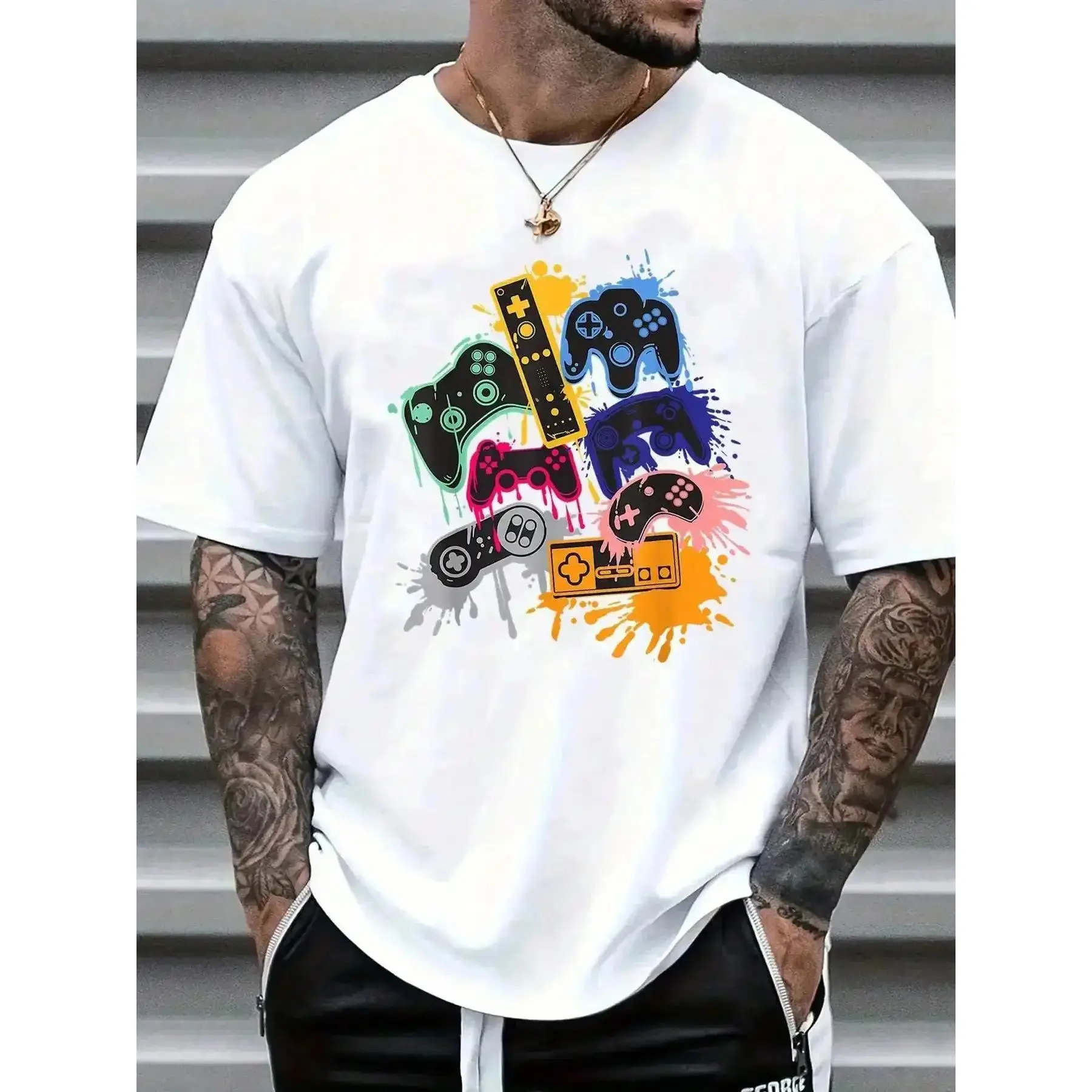 Men's Cartoon Game Controller Graphic Print Round Neck Tee Regular Fit Casual Short-Sleeve Shirt Summer, Tops Classic Design Everyday Essential Versatile Style Comfort, Piece Relaxed
