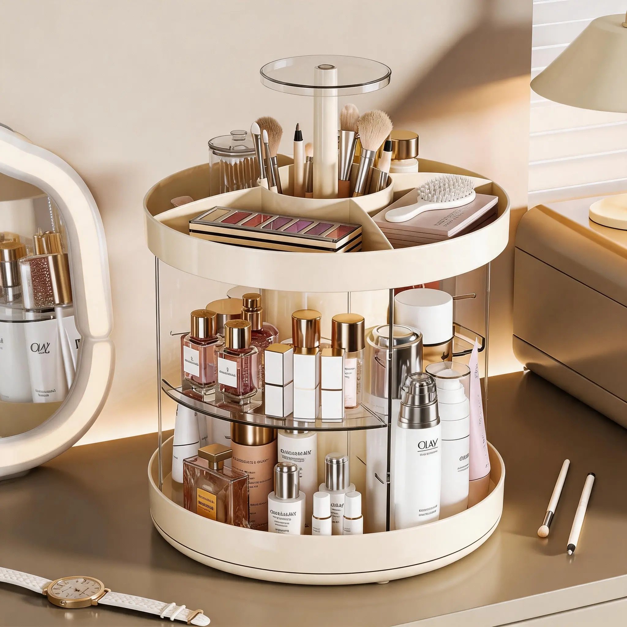 360 Degree Rotating Makeup Organizer Rack, Three-Tier Large Capacity Cosmetic Storage Tray, Vanity Bathroom Desktop Beauty Box, Cosmetic Holder, Box Organiser