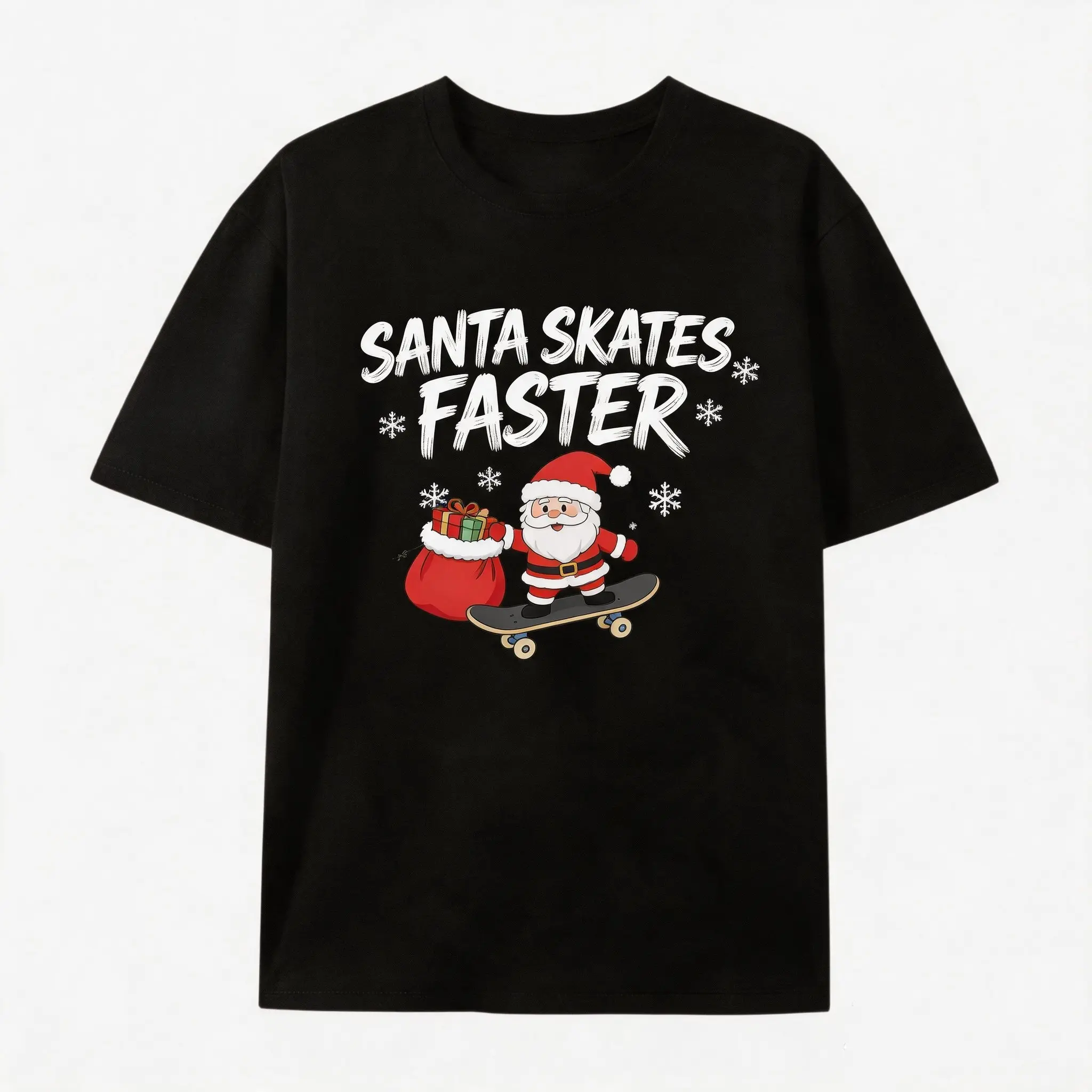 Santa Skateboard Santa Skates Faster Snowflake Christmas Graphic Oversized T-Shirt, Comfort 100% Cotton Fashion Outfit, Cute Xmas Skater Streetwear Top, Best Christmas Valentines Holiday Gift For Him Her Lover Family Friends Teen Skater Present