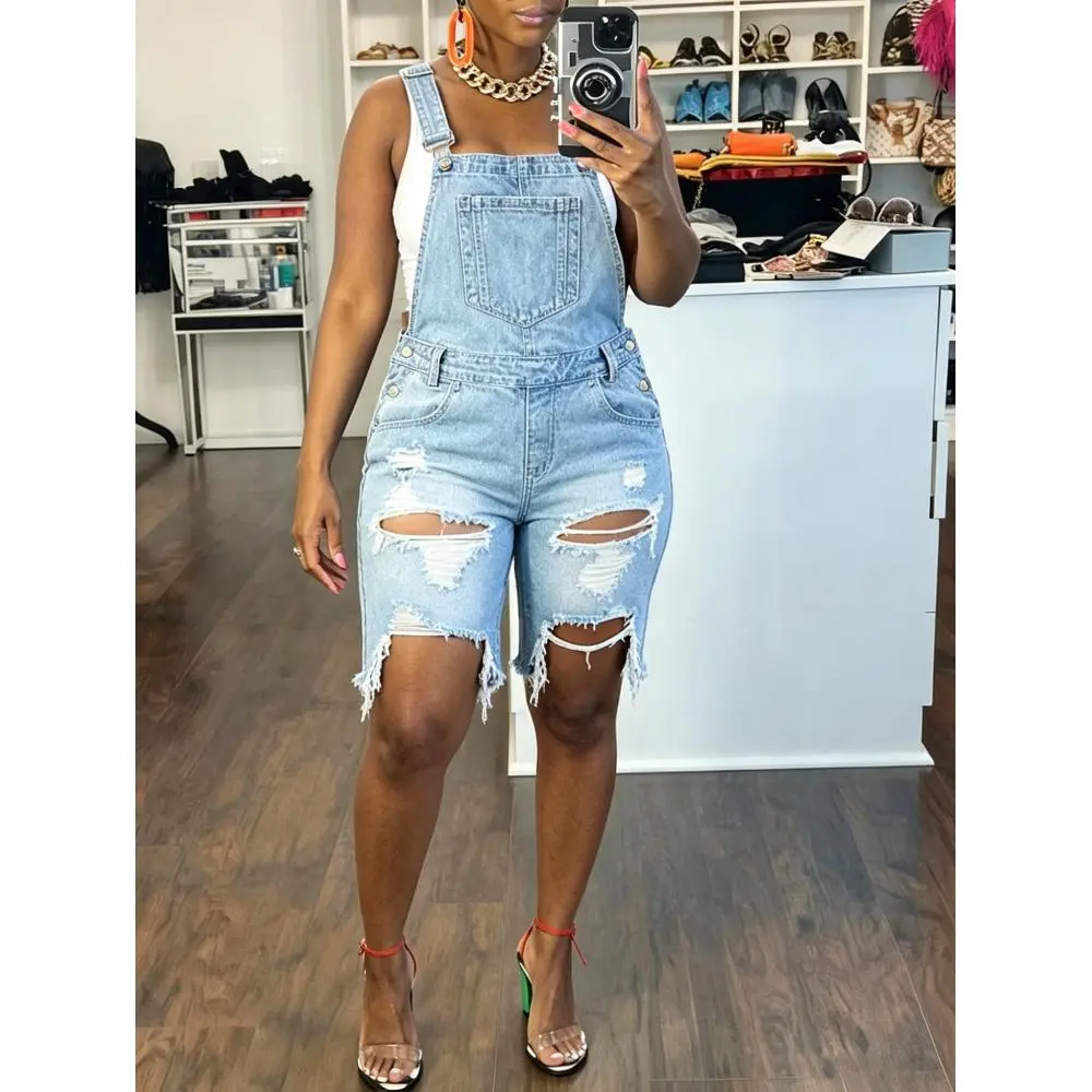 Women's Denim Overalls - Light Blue Washed Straight Ripped Burrs Denim Jumpsuit
