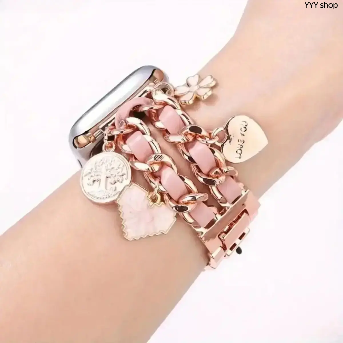 Women's Aesthetic Double-Row Metal Chain Alloy-Leather Hybrid Band - Wearable Smartwatch Accessory with Clasp, Compatible with Series & Ultra 38-49mm, Stylish Spring Daily Replacement Strap for Casual Outfits (Strap Only, Watch Not Included), Accessories