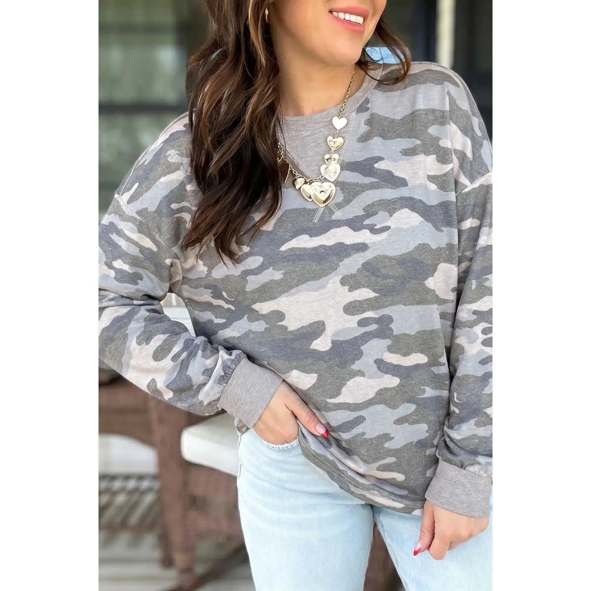 Multicolour Camouflage Long Sleeve Round Neck Shift Pullover Top