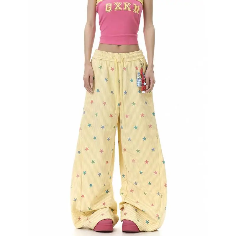 Women Yellow Baggy Wide Leg Sweatpants American Star Print Pants Harajuku Japanese 2000s Style Vintage Y2k Dance Trouse