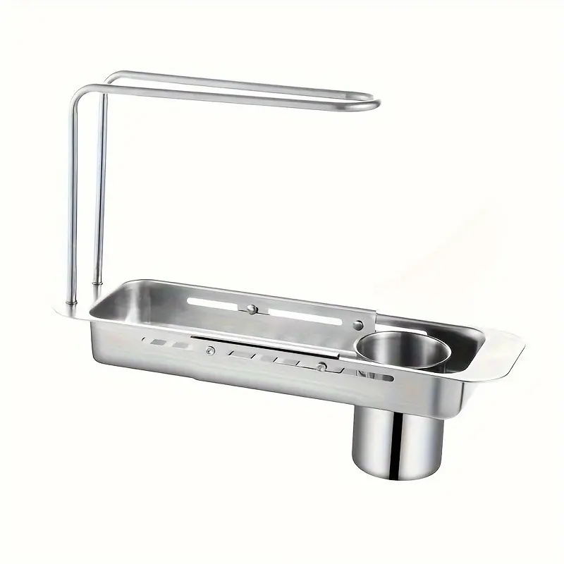 1PC ,Space‑Saving Expandable Sink Caddy, Stainless Steel Over‑Sink Drying Rack with Towel Rod for Kitchen Counter Sink Organization