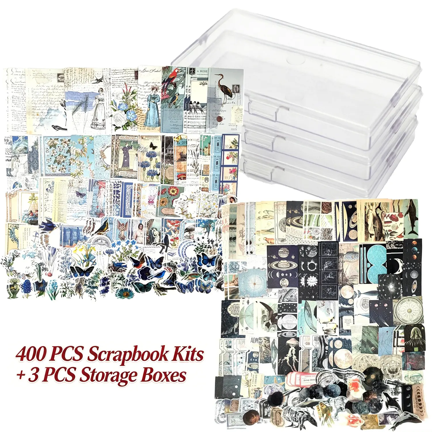 400Pcs Vintage Blue Scrapbook Ephemera Stickers Kit with 3 Clear Plastic Storage Boxes, Retro Ocean Butterfly Botanical Celestial Map Paper Decals, Portrait Junk Journal Supplies for Planner Album Car