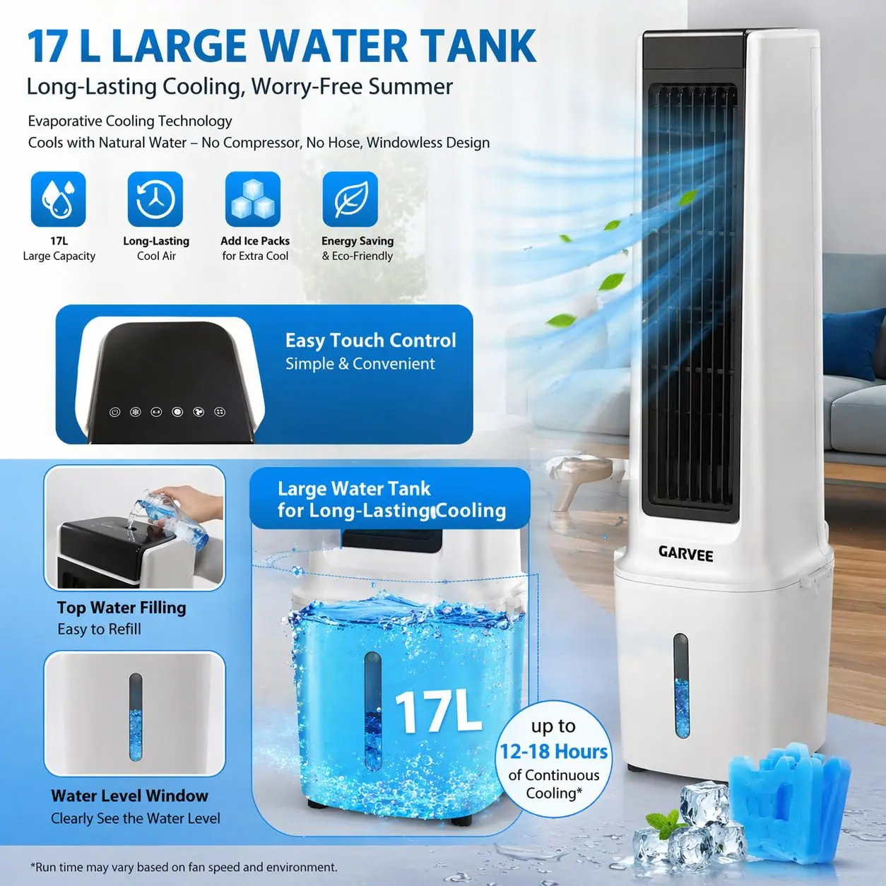 Compact Remote Controlled Portable Evaporative Air Cooler Fan, 3 Speeds, Dual Mist Modes, 1600ml Water Tank, 2/4/8H Timer, 60° Swing Cooling Airflow, Quiet, Indoor Use Fan for Bedroom