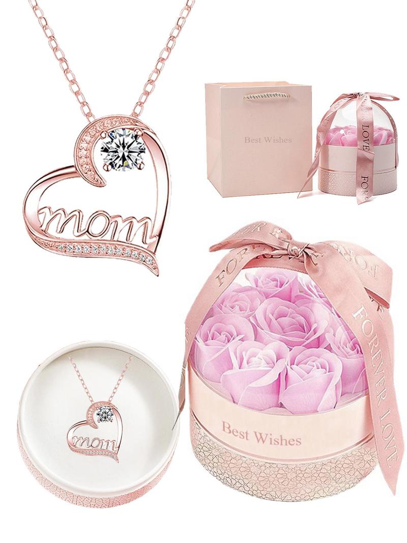 Creative Artificial Crystal & Rhinestone Decor Heart Pendant Necklace, Engraved Letters Necklace with Romantic Box & Flower, Summer Jewelry, Fashionable Matching Jewelry Gift for Mom, Gifts for Girlfriend Valentine Gifts For Gf