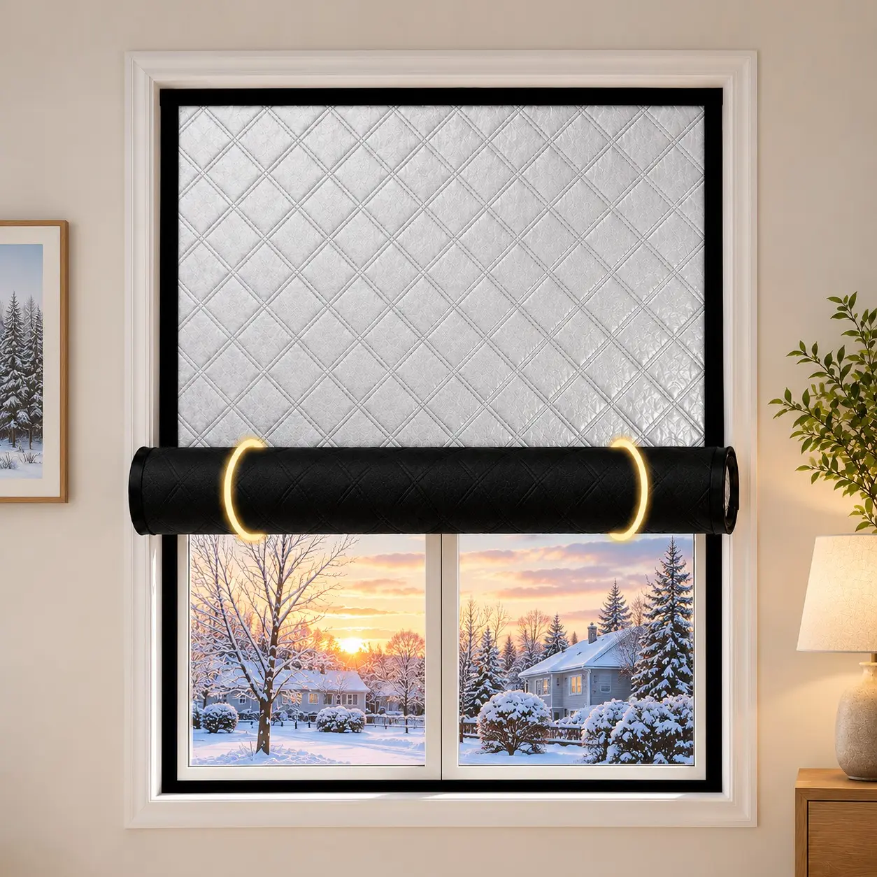 Winter Thermal Window Curtain, Thickened Draft Blocking Insulated Cover, Self-Adhesive No-Drill Design, Roll-Up Window Shade for Bedroom Living Room, Shades For Indoor Windows No Drill