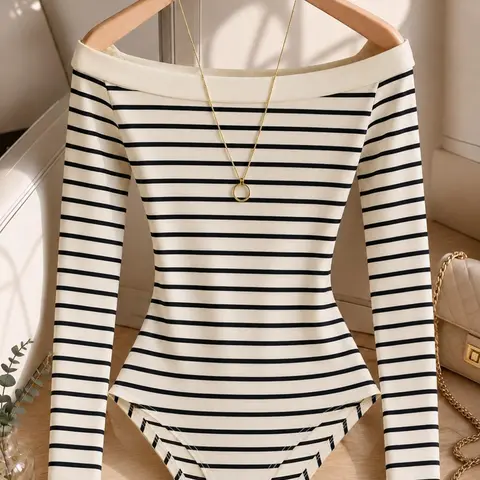 Women s Four Season Off The Shoulder Jumpsuit Long Sleeve Striped Knit Top, Casual Layering, Perfect for Daily Wear, Coffee Shops, Weekend Outings
