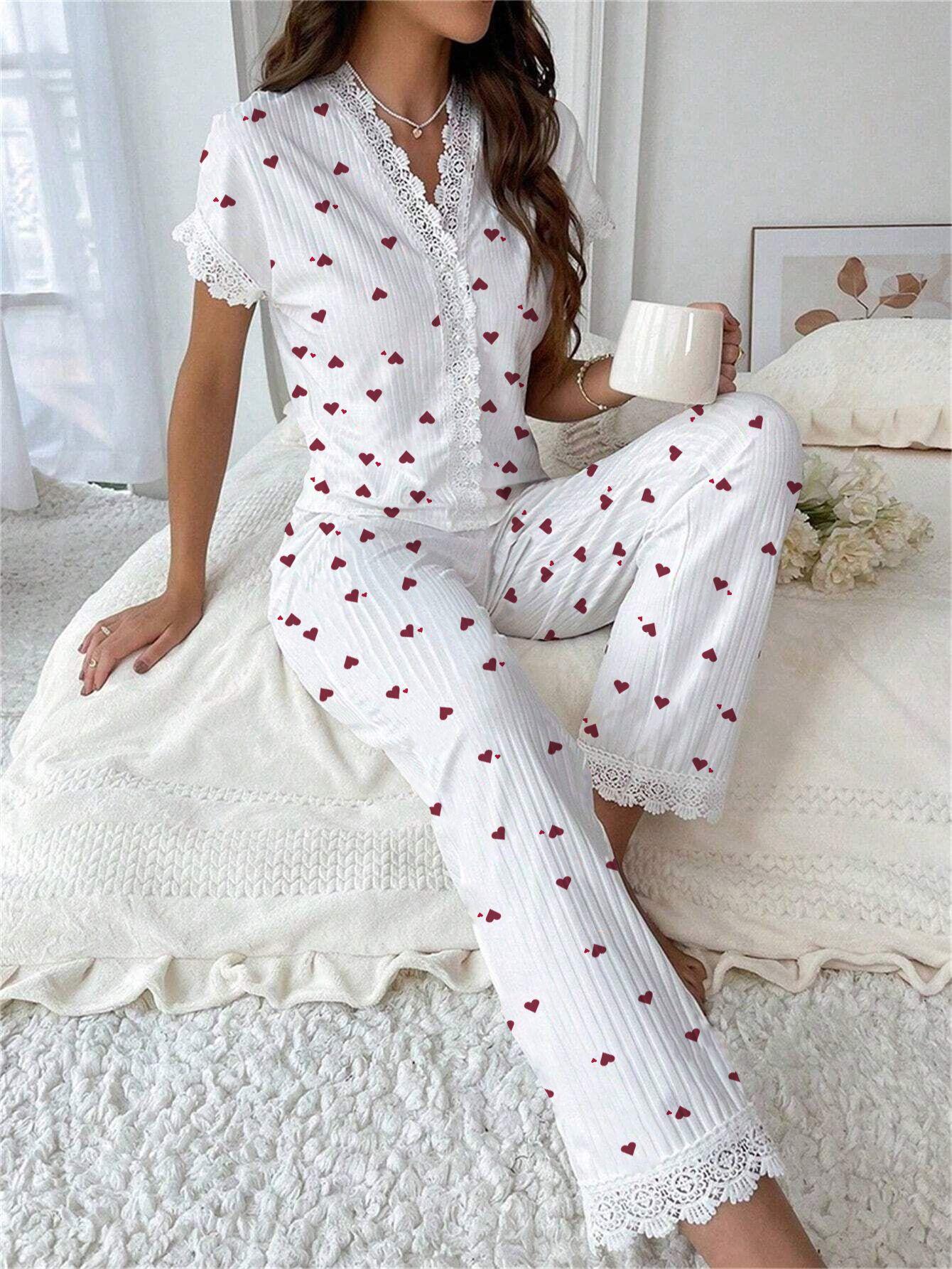 Cherry Print Short-Sleeve Collared Pajama Set for Women Oversized Style with Matching Pants