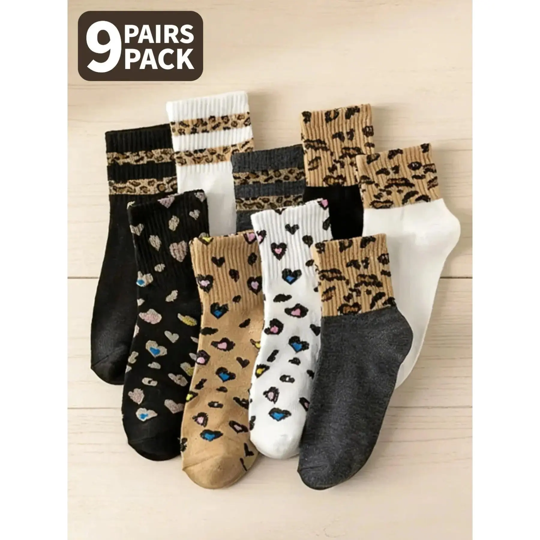 9-Pack Mid-Calf Socks for Women, Soft Cotton Blend Casual Crew Socks with Leopard & Stripe Designs, Breathable Lightweight All-Season Footwear for Sports, Work & Daily Style.